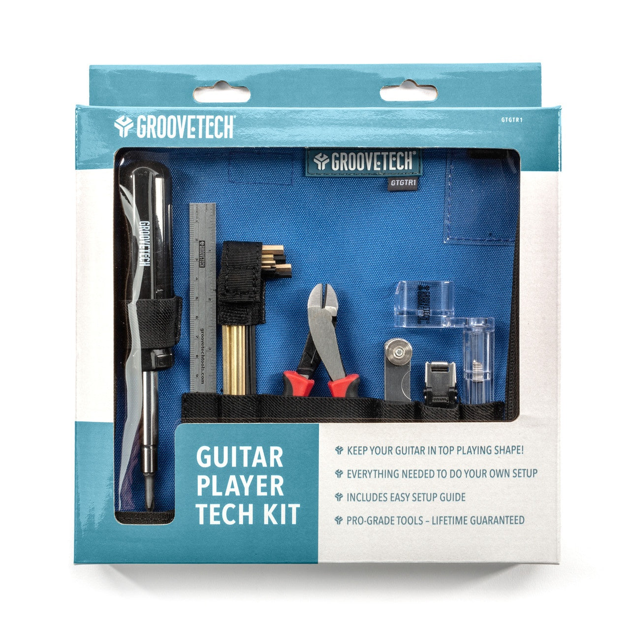 Groovetech Guitar Player Tech Kit with various guitar accessories and tools for maintenance and setup.
