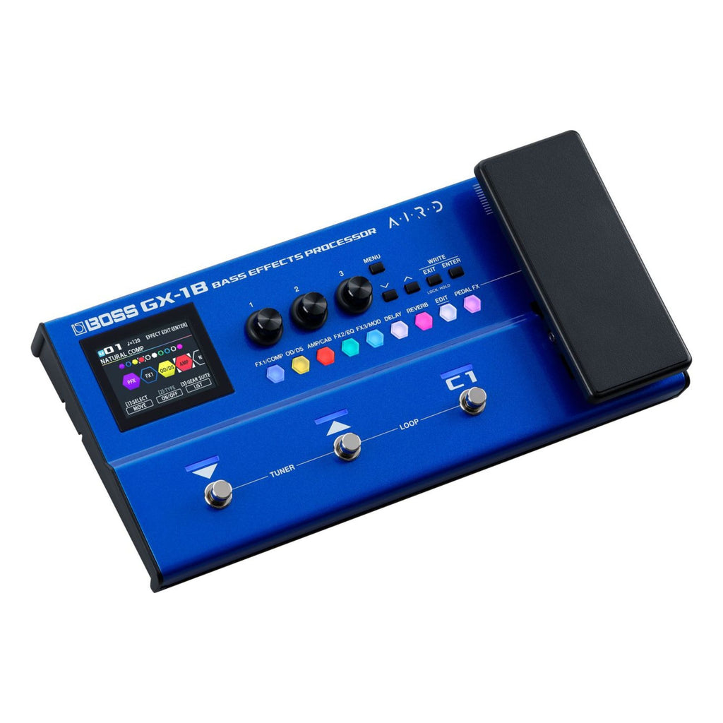 BOSS GX-1B bass effects processor pedal with multiple effect controls and input/output jacks for bass guitar.