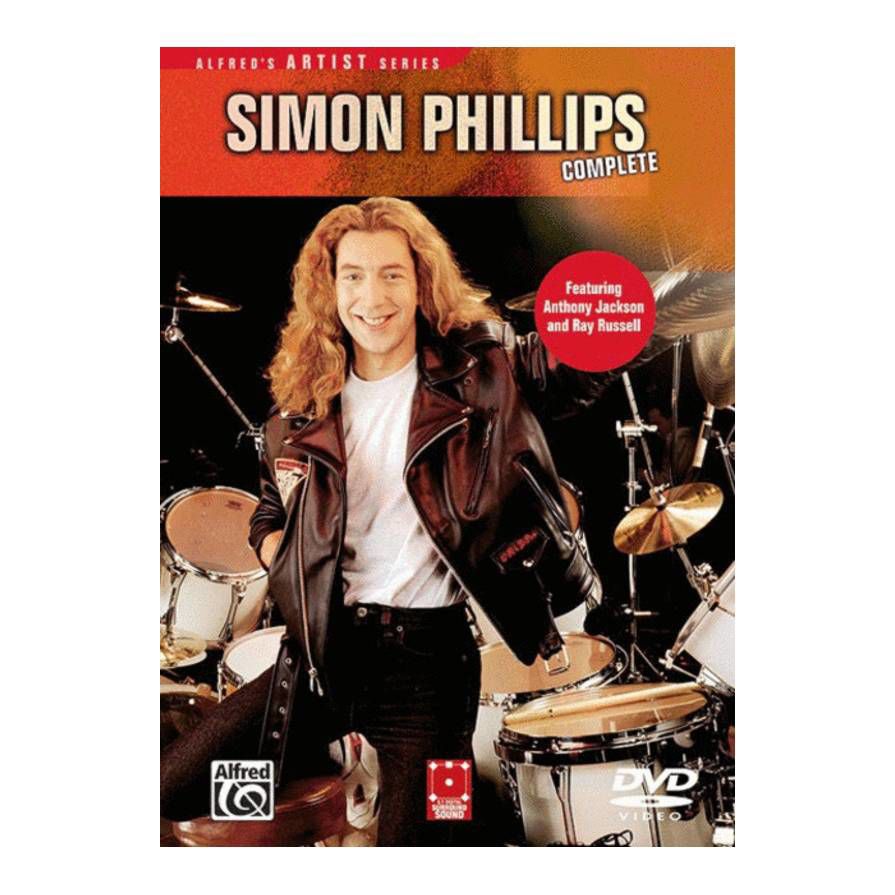 Simon Phillips Complete Drums DVD from Books, showing a cover image with drum kit and instructional text.