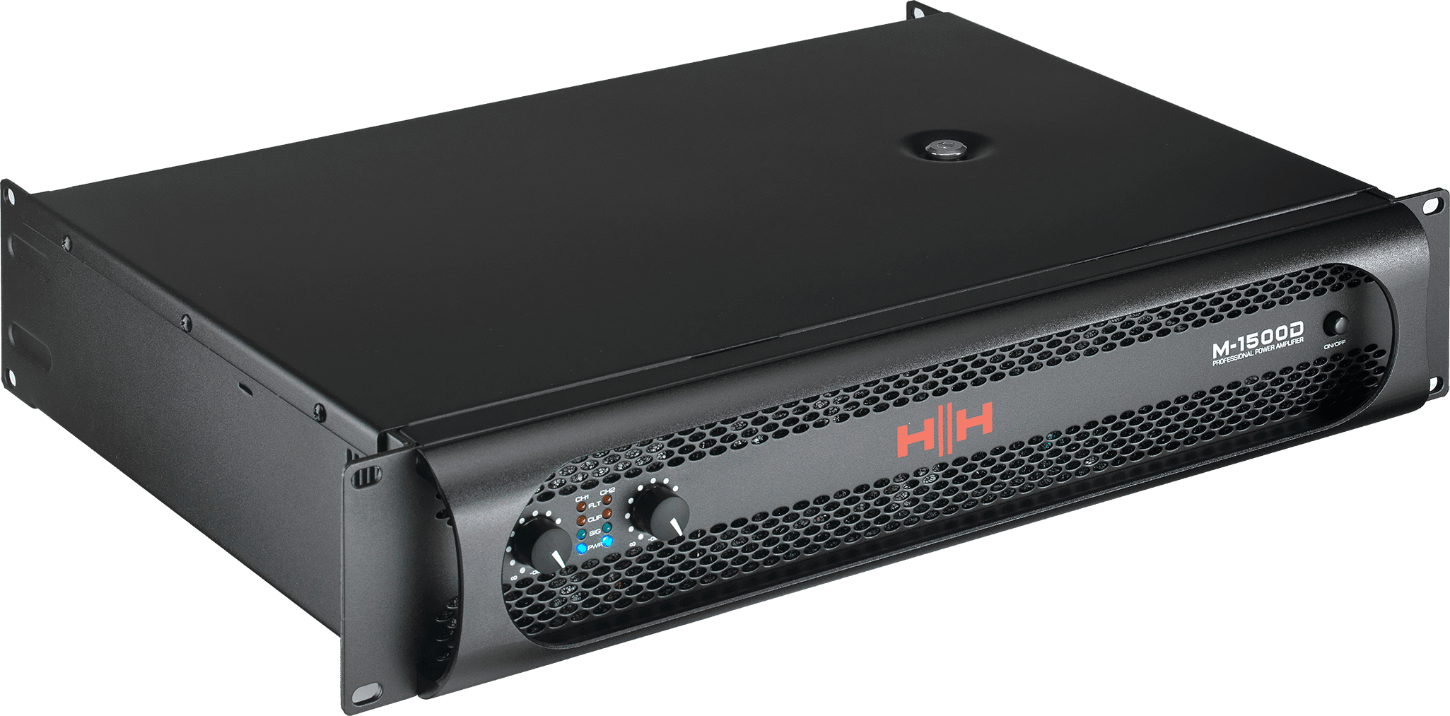 HH M-1500D power amplifier with dual 1450W output, featuring professional audio equipment and control knobs on the front panel.