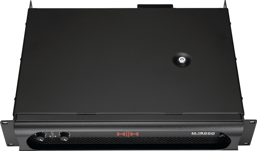 HH M-1500D power amplifier showing front panel with control knobs and display, delivering 2x 1450W for professional audio use