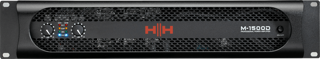 HH M-1500D power amplifier with dual 1450W output, featuring a sleek black front panel and control knobs for professional audio use.