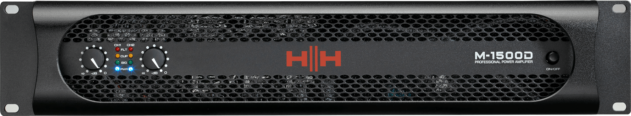 HH M-1500D power amplifier with dual 1450W output, featuring a sleek black front panel and control knobs for professional audio use.