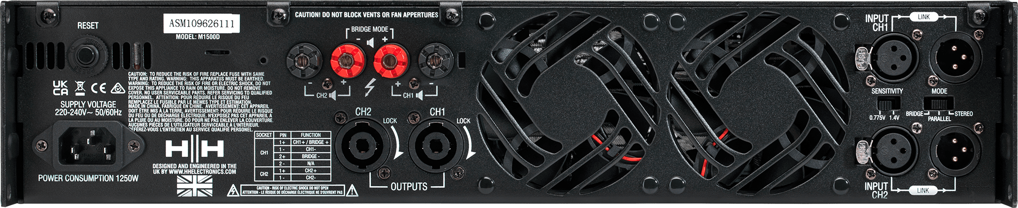 HH M-1500D power amplifier showing front panel with control knobs and VU meters, 2x 1450W output power, professional audio equipment