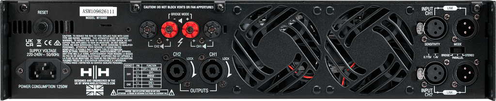HH M-1500D power amplifier showing front panel with control knobs and input ports, designed for high-power audio amplification.