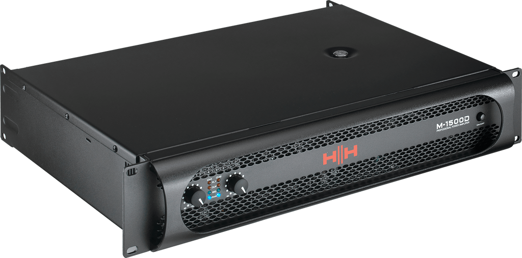 HH M-1500D power amplifier showing front panel with control knobs and VU meters, 2x 1450W output, professional audio equipment