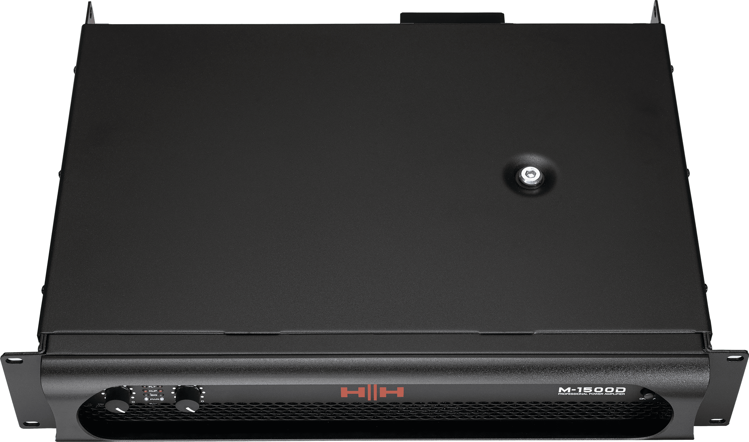 HH M-1500D power amplifier, 2x 1450W professional audio amp with heatsinks, front panel controls, and digital display.