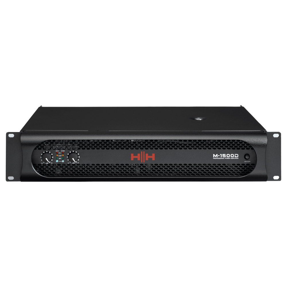HH M-1500D power amplifier with dual 1450W output, featuring a black metal casing and control knobs for professional audio use.