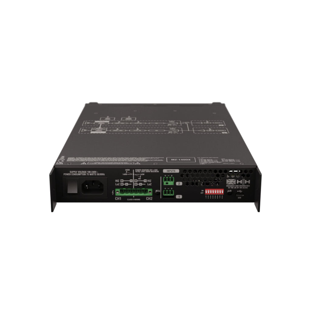 Black HH MZ-140DX 2x140W install zone power amplifier with USB-C DSP, 70v/100v, 4/8 ohm, 1U rack-mount design