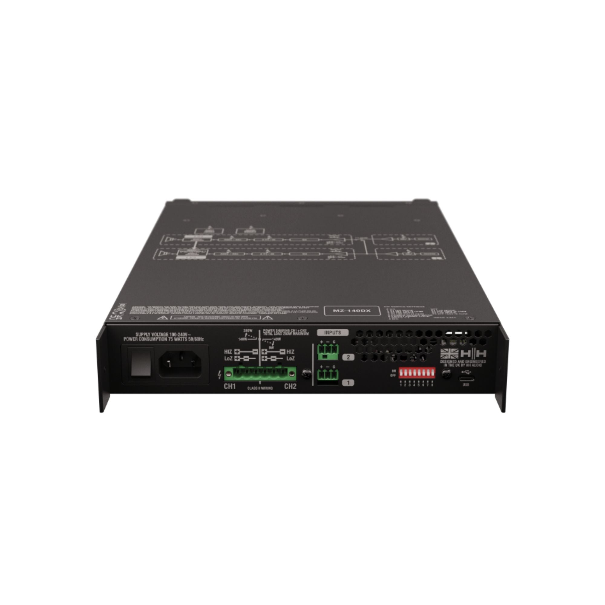 Black HH MZ-140DX 2x140W install zone power amplifier with USB-C DSP, 70v/100v, 4/8 ohm, 1U rack-mount design