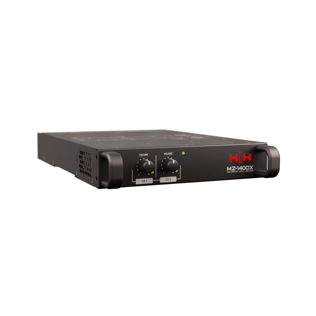 HH MZ-140DX 2x140W power amplifier in black, featuring 70V/100V options, USB-C DSP, 1U rack mount, for professional audio systems.