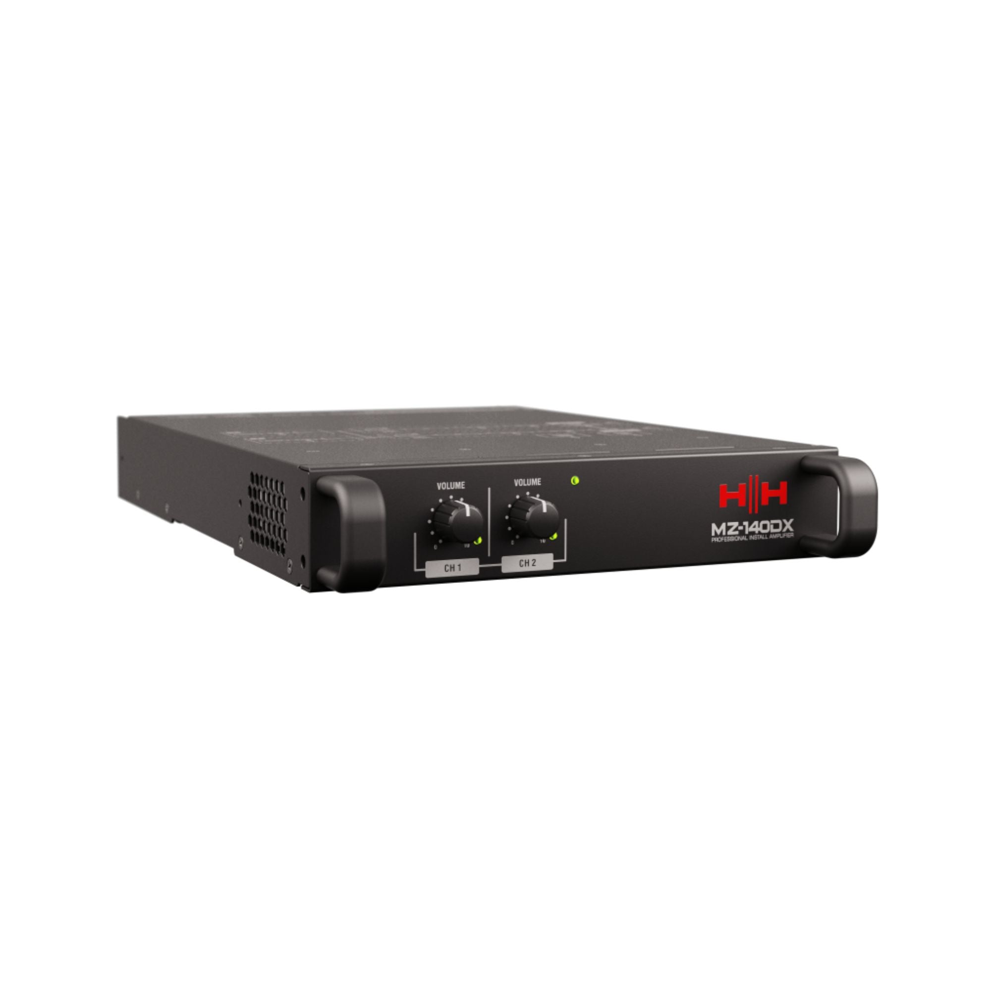 HH MZ-140DX 2x140W power amplifier in black, featuring 70V/100V options, USB-C DSP, 1U rack mount, for professional audio systems.