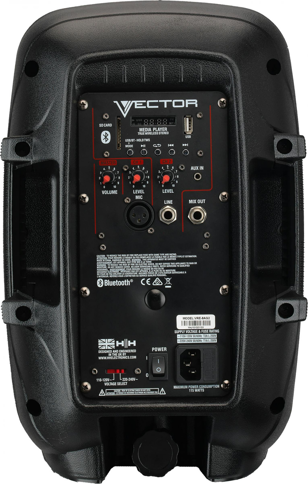 HH Vector VRE-8AG2 8-inch powered speaker with Bluetooth, 300W, black enclosure, equipped with control panel and input ports.