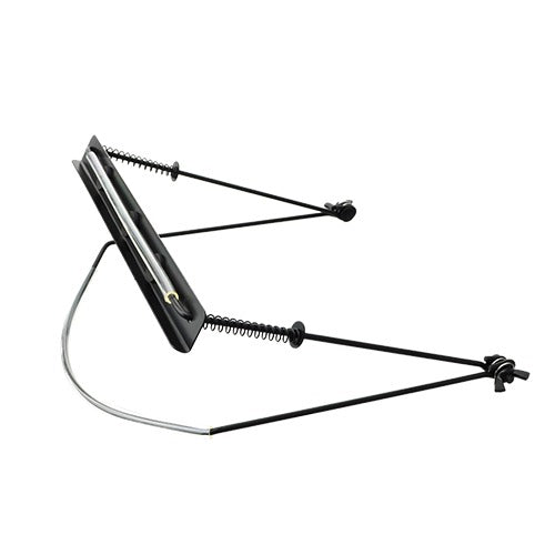 Black AMS HM02 harmonica holder resting on a surface, designed for easy access during playing sessions.