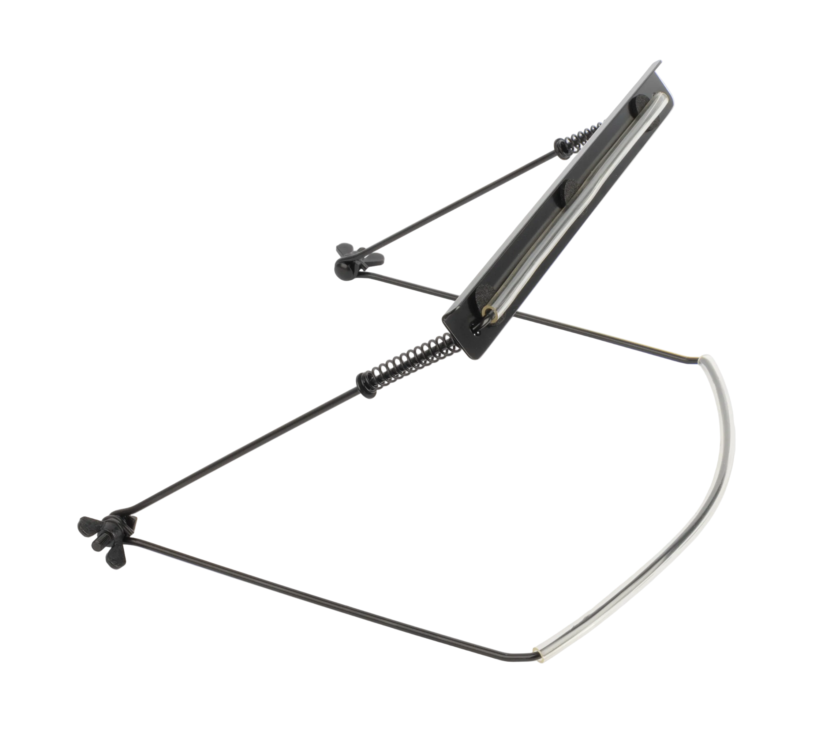 AMS Harmonica holder for guitar, GMI model, shown attached to a guitar neck with black straps and metal clips.