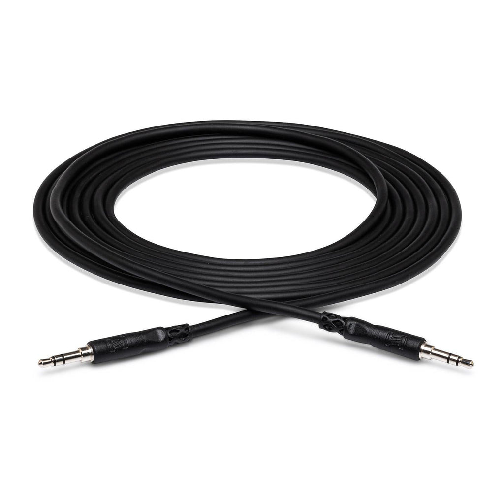 Hosa CMM-115 15 ft 3.5mm TRS stereo audio cable for PA systems, with right-angle connectors and durable construction.