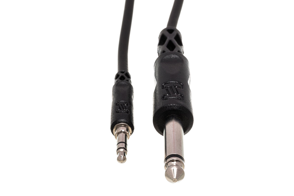 Hosa CMP-103 3ft 3.5mm TRS to 1/4 inch TS mono interconnect cable, used for audio connections in PA and studio setups.