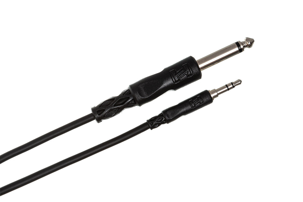 Hosa CMP110 10 ft 3.5mm TRS to 1/4 inch TS mono interconnect cable for PA and audio equipment.