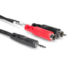 Hosa CMR-210 3.5mm TRS to dual RCA stereo breakout cable, 3 meters long, used for audio connections and PA systems.