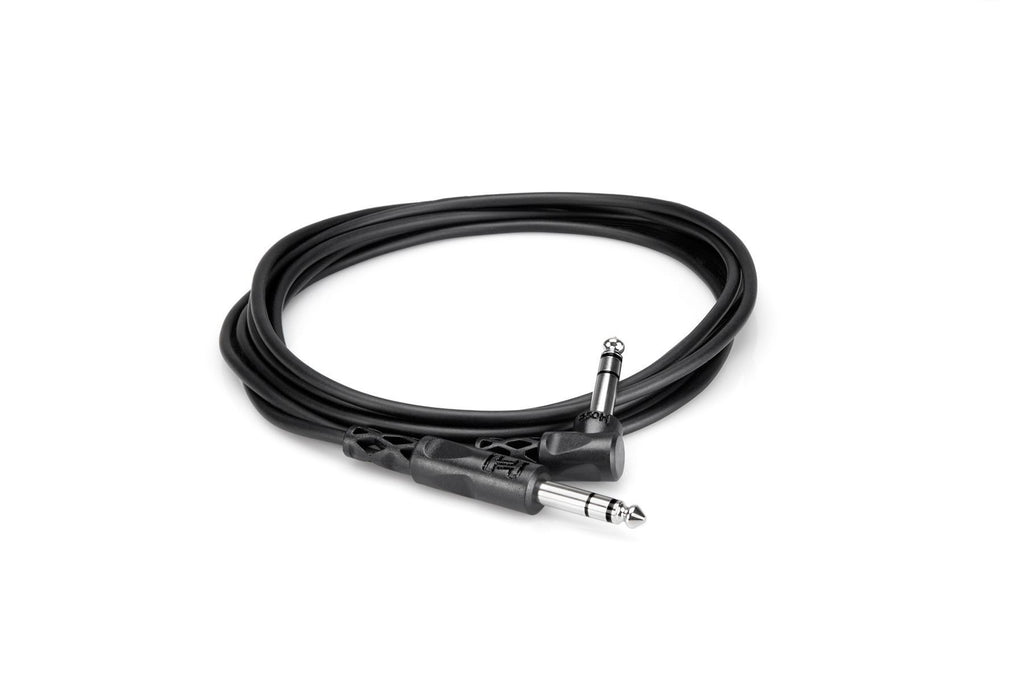 Hosa CSS-110R right angled 1/4-inch male to 1/4-inch male PA cable, 10-foot length, showing connectors and cable in use