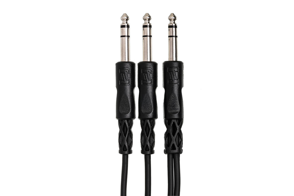 Hosa CYS-105 1/4-inch TRS to dual 1/4-inch TRS Y-cable, 5ft length, used for audio connections in PA systems.