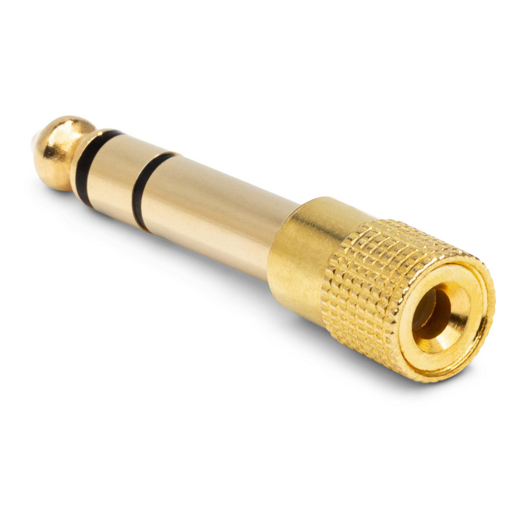 Hosa GHP-105 3.5mm TRS to 1/4 inch TRS headphone adapter connected to audio equipment.
