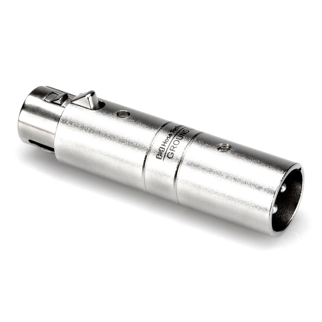 Hosa GLT-255 XLR female to male ground lift coupler for PA audio cables, black metal connector with gold contacts.
