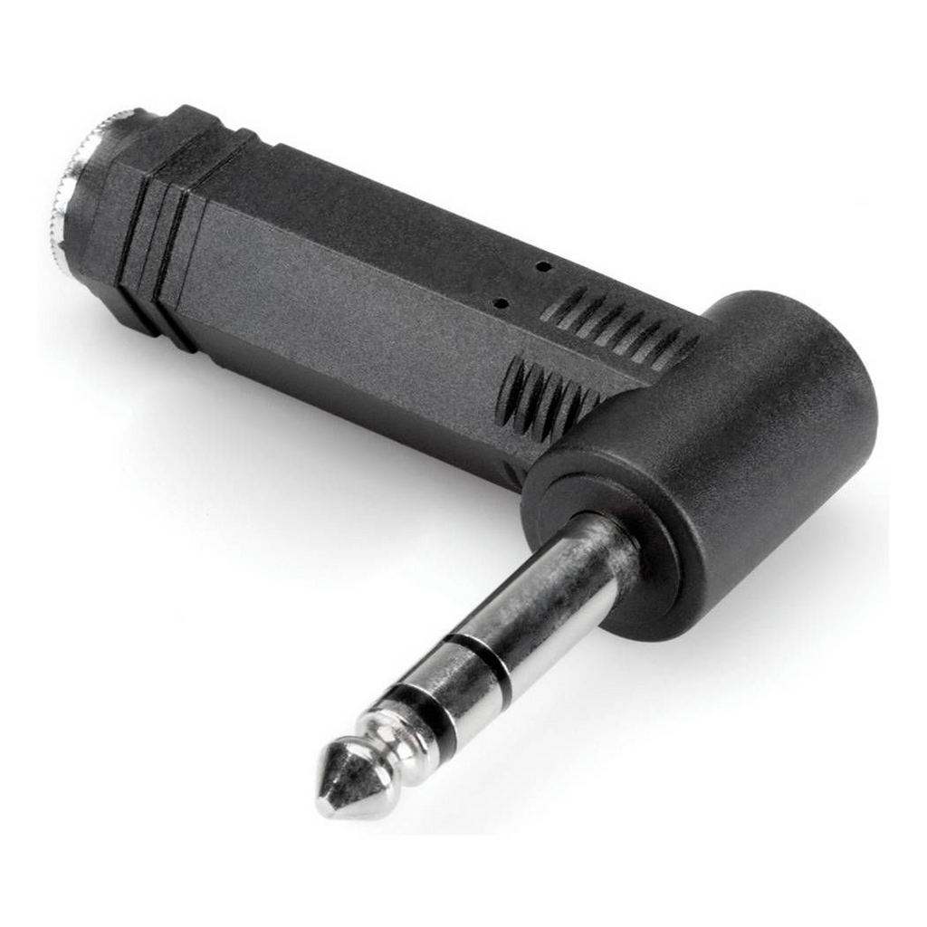 Hosa GPP-273 1/4 inch TRS right angle adaptor for PA cables and audio connections, shown in black with metal connectors.
