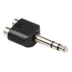 Hosa GPR-484 dual RCA female to 1/4-inch TRS adaptor for audio connection, showing the compact black adapter.