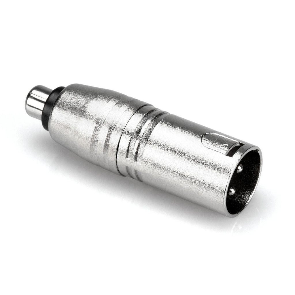 Hosa GXM-133 RCA female to XLR male adaptor showing a compact black audio connector for PA systems.