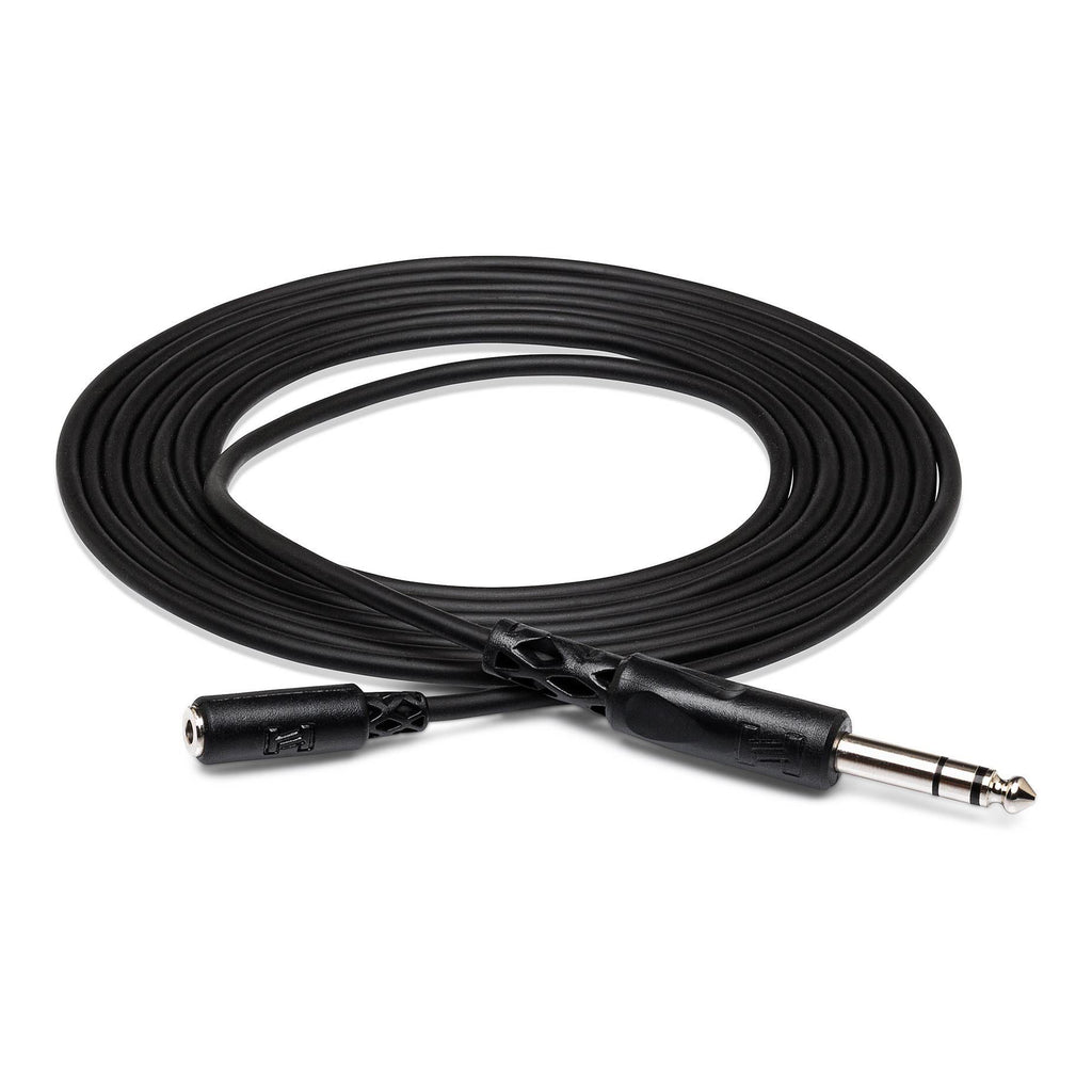 Hosa MHE325 1/4 inch TRS to 1/8 inch mini F extension cable, 7.62 meters, showing connectors and cable length.