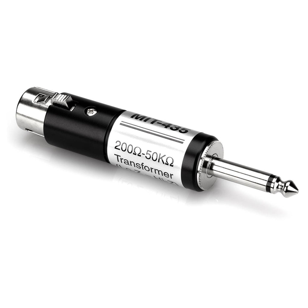 Hosa MIT-435 impedance transformer with XLR female to 1/4 inch TS male connectors for microphone signal adaptation.