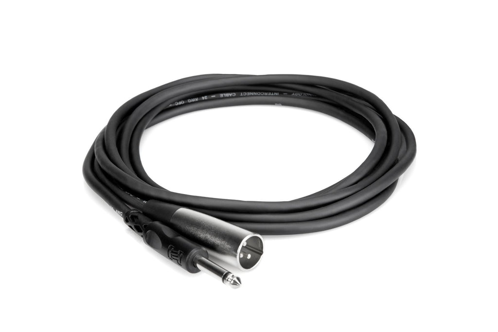 Hosa PXM-110 10ft 1/4-inch TS to XLR3M PA cable with black connectors and cable, used for audio connections.