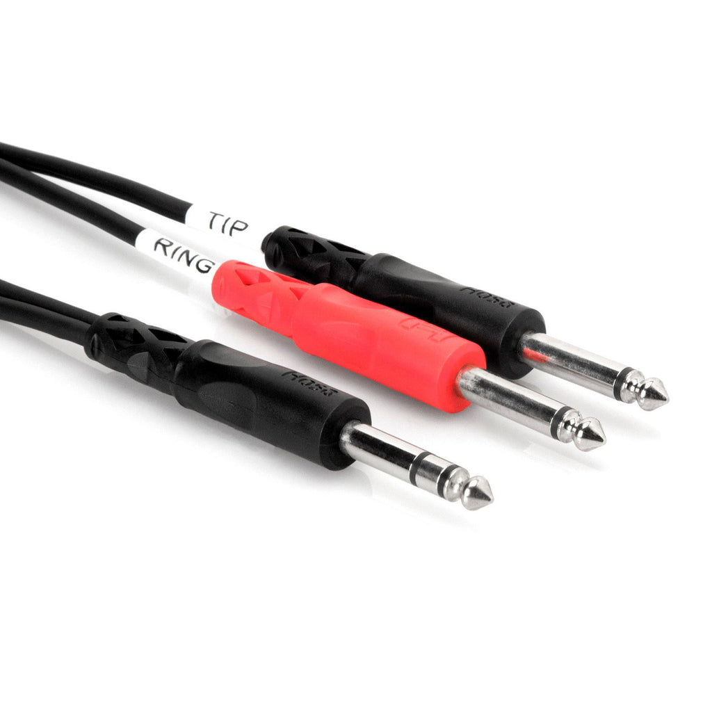 Hosa STP-201 1-meter TRS to dual TS insert cable showing black connectors and cable length for PA audio setups.