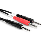 Hosa STP-201 1-meter TRS to dual TS insert cable showing black connectors and cable length for PA audio setups.