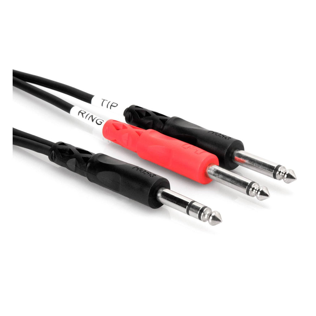 Hosa STP-203 1/4 TRS to dual 1/4 TS insert cable, 3-meter length, used for audio connections with PA equipment.