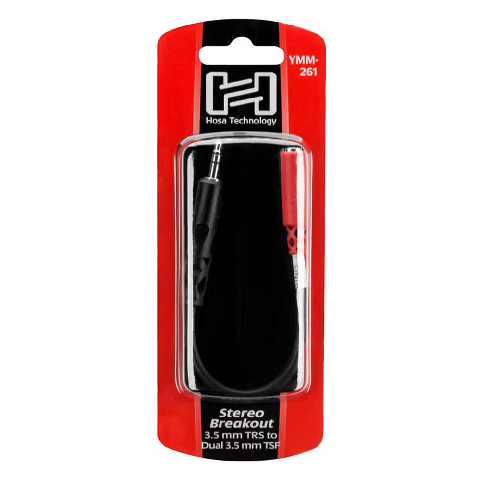 Hosa YMM-261 3.5mm TRS to dual 3.5mm TS breakout cable for audio connections, black with gold-plated connectors.