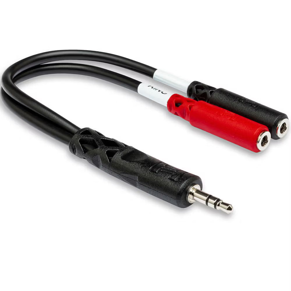 Hosa YMM-261 3.5mm TRS to dual 3.5mm TS breakout cable for audio connections, black with gold-plated connectors.