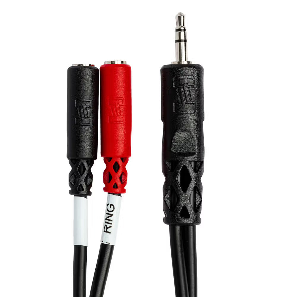 Hosa YMM-261 3.5mm TRS to dual 3.5mm TS breakout cable for audio connections, black with gold-plated connectors.