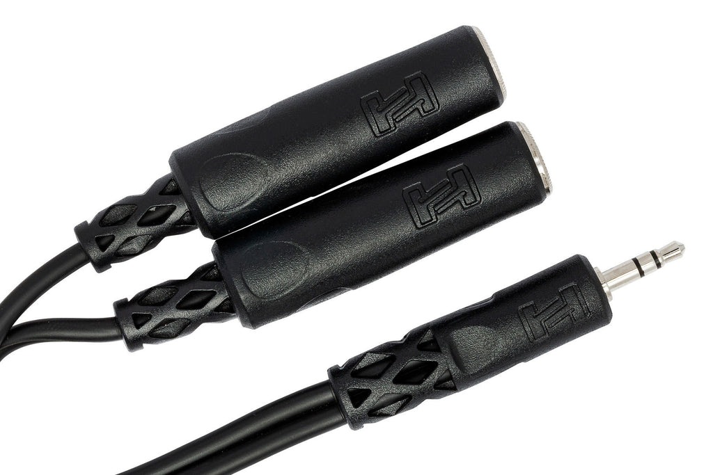 Hosa YMM-232 3.5mm TRS male to dual 1/4 inch TRS female Y cable for audio connections and device linking.