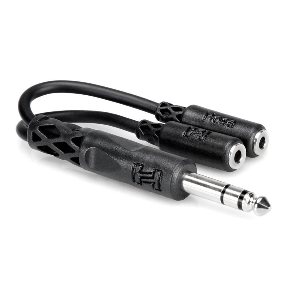 Hosa YMM-232 1/4 inch TRS male to dual 3.5mm TRS female Y cable for audio connections, showing the cable and connectors.