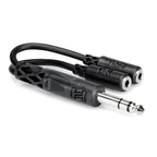 Hosa YMM-232 1/4 inch TRS male to dual 3.5mm TRS female Y cable for audio connections, showing the cable and connectors.
