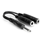 Hosa YPP-111 1/4 inch TS to dual 1/4 inch TS Y cable for audio connections, shown with connectors on each end.