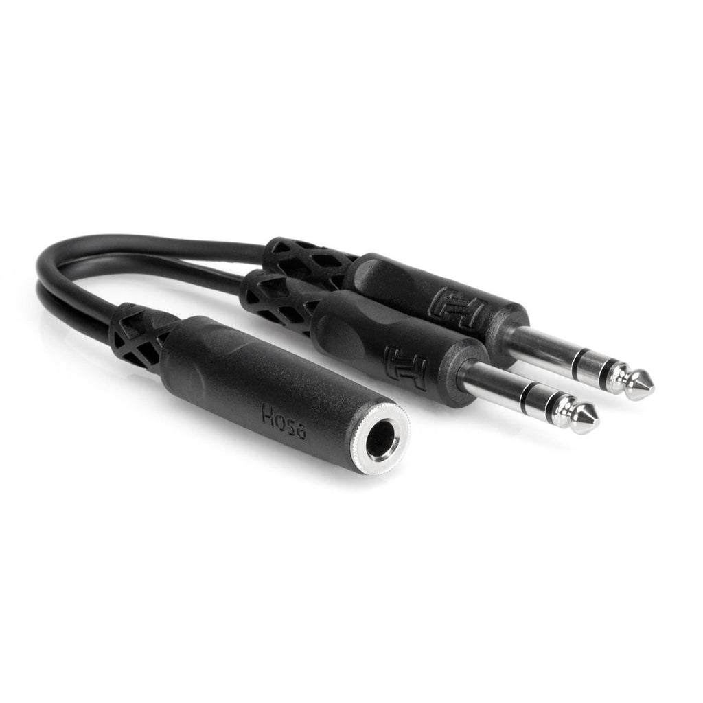 Hosa YPP-308 1/4 inch TRS female to dual 1/4 inch TRS male Y cable for audio connections, shown with connectors and cable.