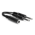 Hosa YPP-308 1/4 inch TRS female to dual 1/4 inch TRS male Y cable for audio connections, shown with connectors and cable.