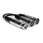 Hosa YXM-121 XLR female to dual XLR male Y cable adaptor for audio connections, black with metal connectors.