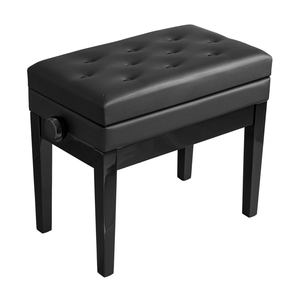 Black Hemingway piano bench with cushioned seat and sturdy wooden legs, designed for keyboard and piano players.