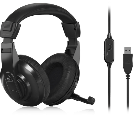 Behringer HMP1100U USB studio headphones with closed-back design, over-ear cushioned ear cups for professional audio monitoring.