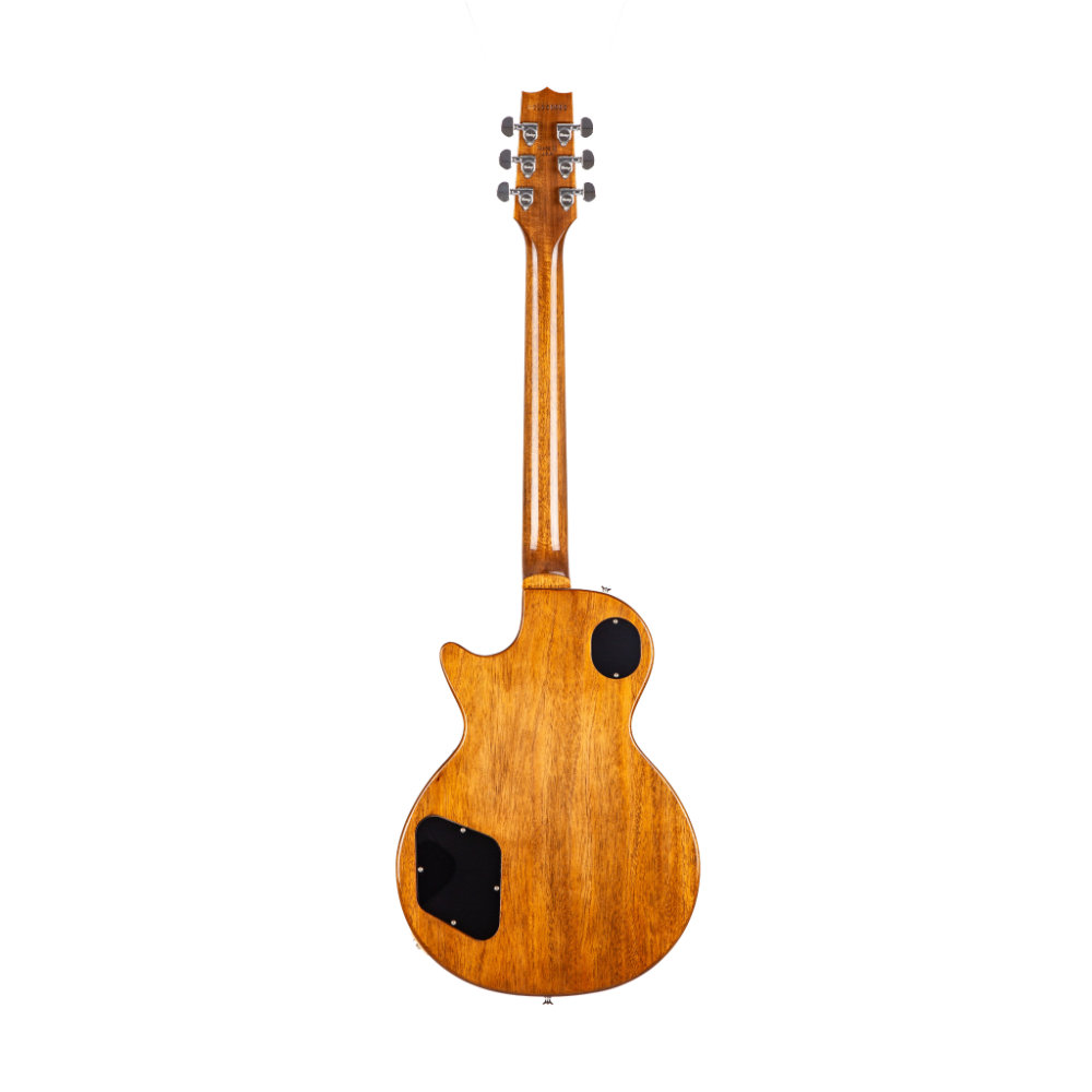Heritage H-150 Electric Guitar in Dirty Lemon Burst finish with case, showcasing elegant curves and rich color.