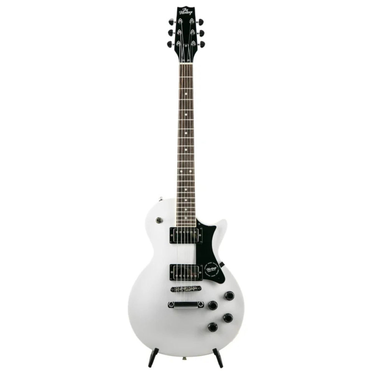 Heritage Ascent H-150 electric guitar in white, showcasing a solid body, dual humbucker pickups, and sleek design.